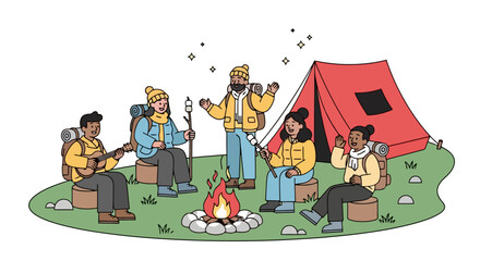 Diverse Group of Friends Camping, Singing, and Roasting Marshmallows Around a Campfire, Perfect for Illustrating Outdoor Activities and Friendship
