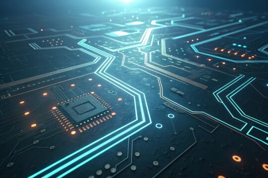 High-tech circuit board with glowing lines and components, showcasing intricate design and technology