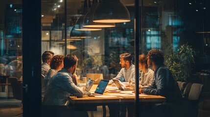 Group of diverse professionals collaboratively working together, engaged in a meeting within a modern office setting late at night, discussing ideas, utilizing laptops, with warm interior lighting...
