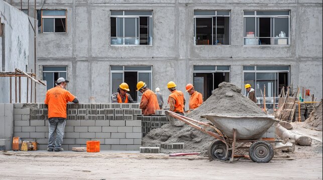 Construction workers in orange vests and yellow helmets are shown building a structure using grey bricks, with a wheelbarrow full of sand and the building facade in the background, highlighting the...