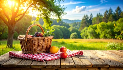 Picnic basket on wood table