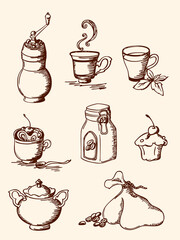 Handdrawn coffeethemed illustrations on a cream background