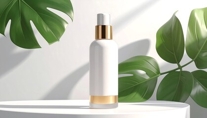 Elegant cosmetic bottle mockup with green leaves in a modern minimalist studio