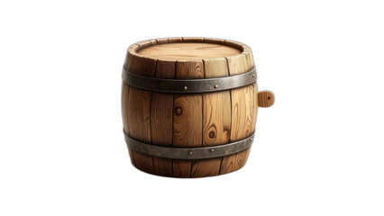 Obraz premium A single, well-worn wooden barrel with metal hoops sits against a stark black background