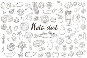 Handdrawn illustration of various keto diet foods and ingredients