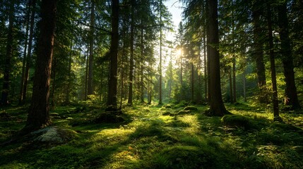 Obraz premium A sunlit forest scene showcases the lush green undergrowth and towering trees, creating a tranquil and inviting natural environment, the golden sun rays penetrate the foliage