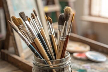 Fototapeta premium A collection of artist paintbrushes in a glass jar on a wooden table in a bright studio