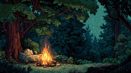 A campfire glows brightly in a dark forest clearing beneath a starry night sky, with towering trees surrounding the fire, creating a peaceful and serene woodland scene.
