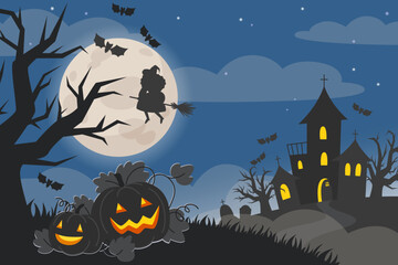 Halloween scene with witch flying past a full moon near a haunted house and pumpkins