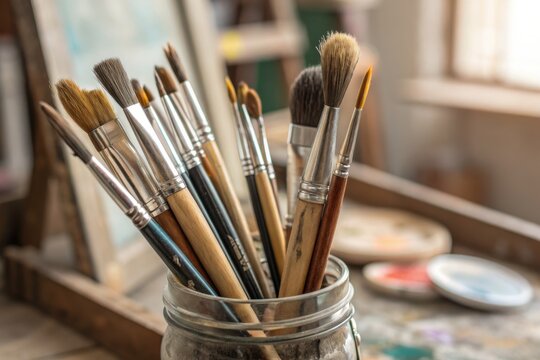 A collection of artist paintbrushes in a glass jar on a wooden table in a bright studio