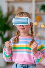 Happy girl with VR headset and colorful sweater playing in digital world, bright futuristic background, great for mockup, poster, banner, background