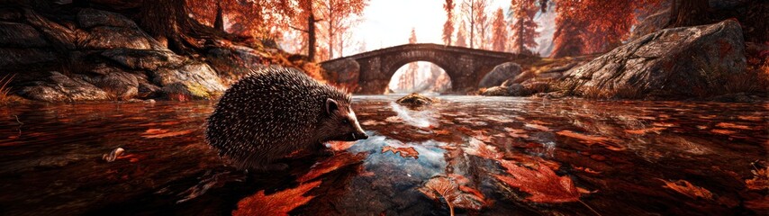 Hedgehog in a stream near a stone bridge nature wildlife scene