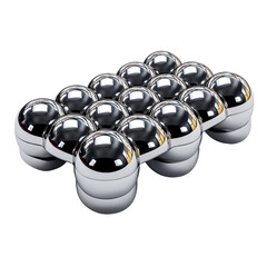 Shiny metallic spheres arranged in a group with reflective surfaces and clean lines