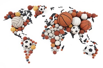 A colorful 3D representation of the world map filled with various sports balls, showcasing global sports culture