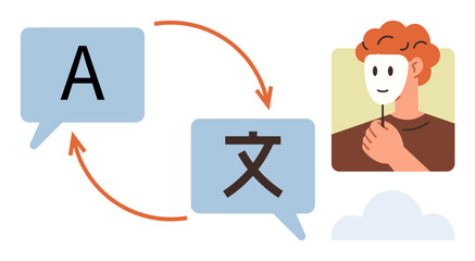 Text bubbles with arrows indicating translation, showcasing communication and a person holding a mask for identity. Ideal for language learning, diversity, communication, culture, anonymity