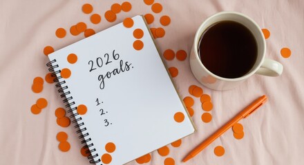 White notebook with 2026 goals coffee and pen on a pink surface