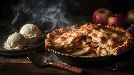 Delicious  pie freshly baked with a golden crust, served steaming in a rustic black dish, accompanied by scoops of vanilla ice cream on a plate, creating an inviting, warm, and cozy dessert scene.