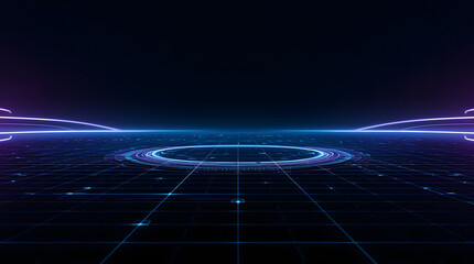 Futuristic digital HUD interface background with glowing neon grid, hologram circle, and cyber technology concept. Perfect for sci-fi, gaming, and virtual reality themes.