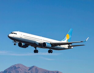 Obraz premium Airplane Taking Off Against Blue Sky With Mountains in Background