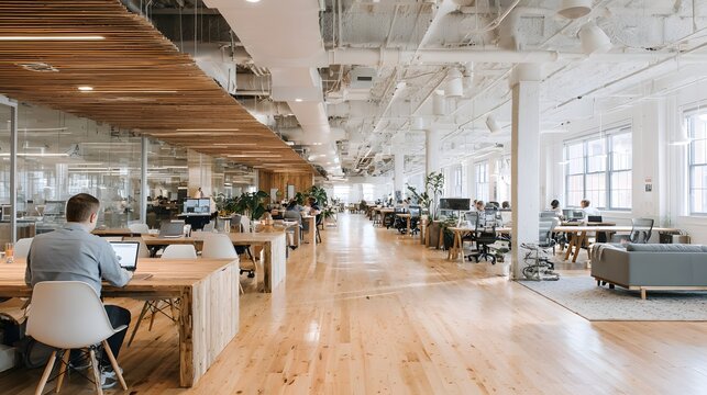 Modern open-plan office space showcases a bright and airy design with wooden floors and tables, natural light illuminating the working environment, people seated at workstations