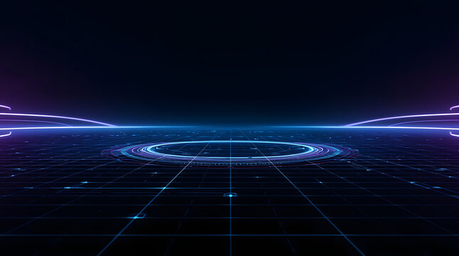 Futuristic digital HUD interface background with glowing neon grid, hologram circle, and cyber technology concept. Perfect for sci-fi, gaming, and virtual reality themes.