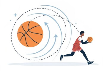 Fototapeta premium Dynamic basketball player dribbling towards the hoop with a spinning ball in motion