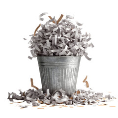 Shredded paper overflowing metal bucket isolated transparency concept