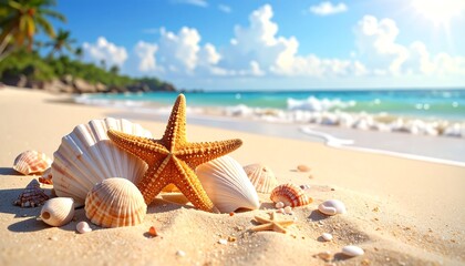 Beautiful Beach Scene Featuring Starfish, Shells, and Ocean Waves under a Blue Sky