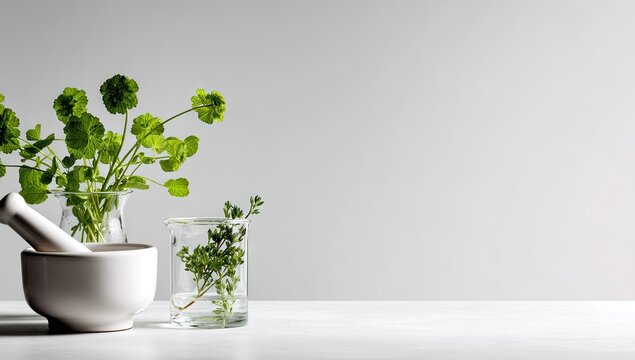 Still life of apothecary setup with plants, mortar & pestle against a soft, grey backdrop