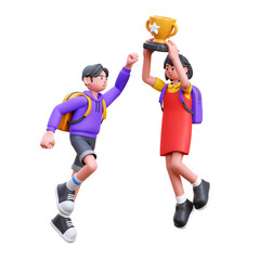 Two 3D Rendered Students Celebrate Victory with Golden Trophy on Transparent Background Student in...