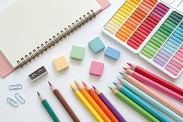 Naklejka premium Colorful art supplies arranged on a white surface with a notebook and pastel colors in the background