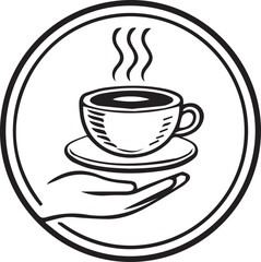 Aromatic Cup of Coffee Icon on Hand Offering Warmth and Comfort in a Circular Frame