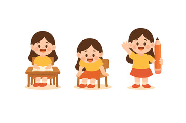 School Girls Sitting and Standing with Pencil