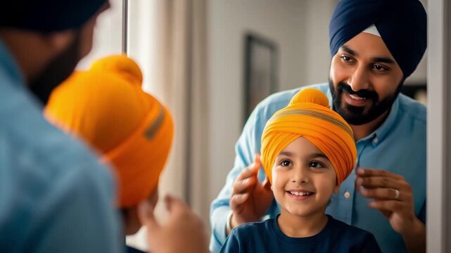 A father carefully adjusts his son's turban, preserving cultural traditions and heritage, 4K