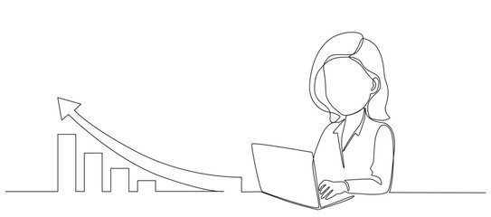 Woman with laptop computer in one continuous line drawing. Businesswoman and female student with growth chart eps 10