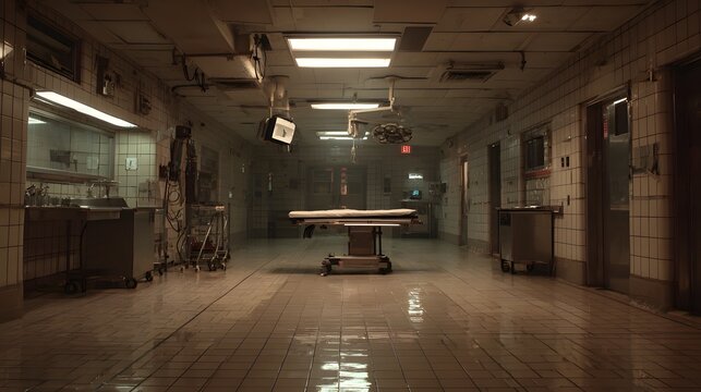 Inside a dimly lit, long corridor of an abandoned medical facility, showcasing surgical equipment and gleaming tiled floors, creating a scene of unease and foreboding atmosphere