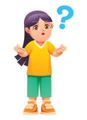 Little girl wondering, expressing confusion with hands open and a question mark. Vector cartoon illustration