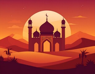 Silhouette mosque in desert at sunset