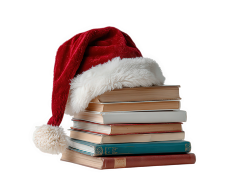 Stack of books Santa hat festive holiday Christmas red white education winter celebration cheerful concept