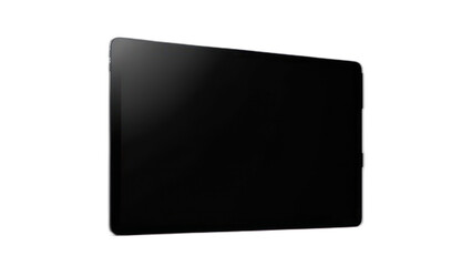 Fototapeta premium Angled view of a sleek black tablet device, screen illuminated, against dark background