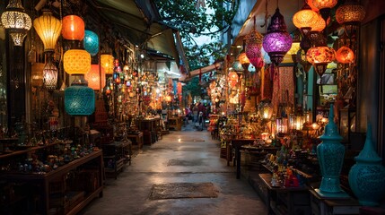 Colorful decorative lanterns illuminate a narrow market street at dusk, casting warm, inviting light on shops displaying various traditional wares, creating a vibrant and atmospheric scene of...