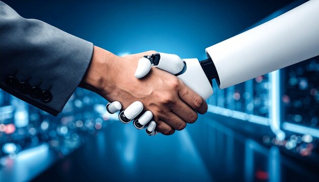 Human and robot shaking hands, symbolizing collaboration and technological advancement.