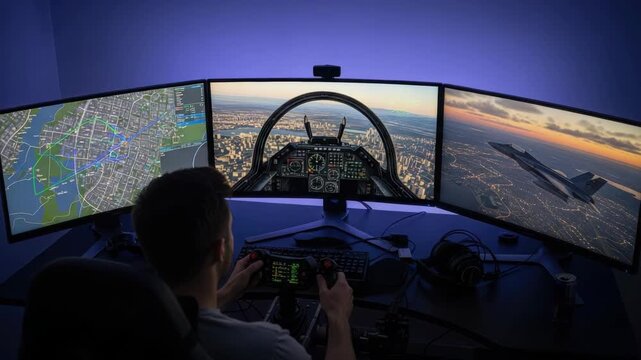person plays flight simulation on triple-monitor setup with specialized controls The central screen shows cockpit view over city the left map and the right an exterior aircraft view at sunset