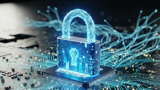 glowing blue digital padlock with wireframe shackle and binary code patterns sits on microchip within circuit board Luminous blue data streams emanate signifying robust cybersecurity