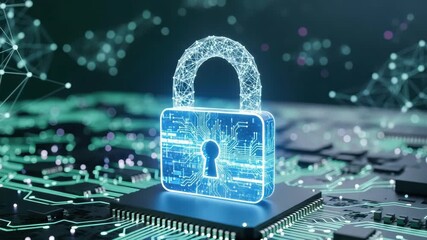 luminous blue digital padlock with circuit patterns and keyhole stands on microchip surrounded by green circuit board and abstract network connections symbolizing robust cybersecurity - Powered by Adobe