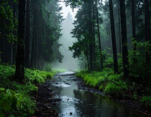 Obraz premium Realistic AI Photo of River Meandering Through Woodland in Early Morning