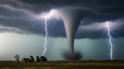 powerful tornado descends from dark turbulent storm clouds Two brilliant lightning bolts strike vast dry field illuminating an old abandoned farmhouse and trees under the dramatic ominous sky - Powered by Adobe