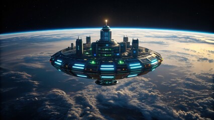A futuristic spacecraft hovers above Earth, showcasing advanced technology and glowing lights amidst a backdrop of clouds and space.