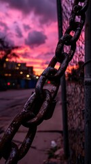 Rusted chain hangs before a vibrant pink sunset over a fence & city street