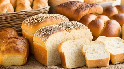 Variety of fresh breads and rolls display on burlap, showcasing bakery assortment and textures